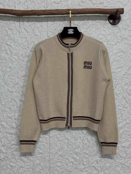 Miu Miu Sweaters - Knit Cardigan with Double Zipper & Embroidered Letter Logo Detail Size S